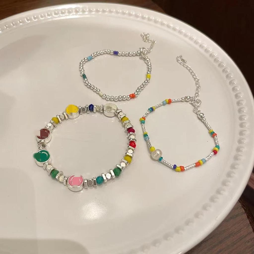 Broken Silver, Rainbow Smiley Face, Beaded Bracelet, Women'S Niche Versatile, Sweet Temperament Stacked, Absolutely Worn Accessories