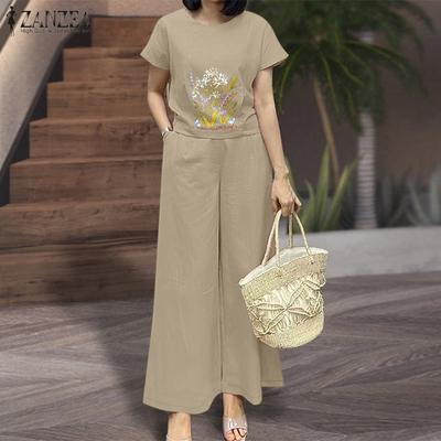 Women Short Sleeve Embroidery Blouse and Pants Summer Two Piece Suit Sets