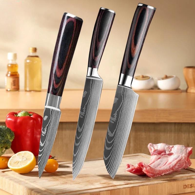 Sharp Stainless Steel Damascus Professional Chef Knife Fruit Knife Color Wood Handle Cutting Knife Meat Knife Combination