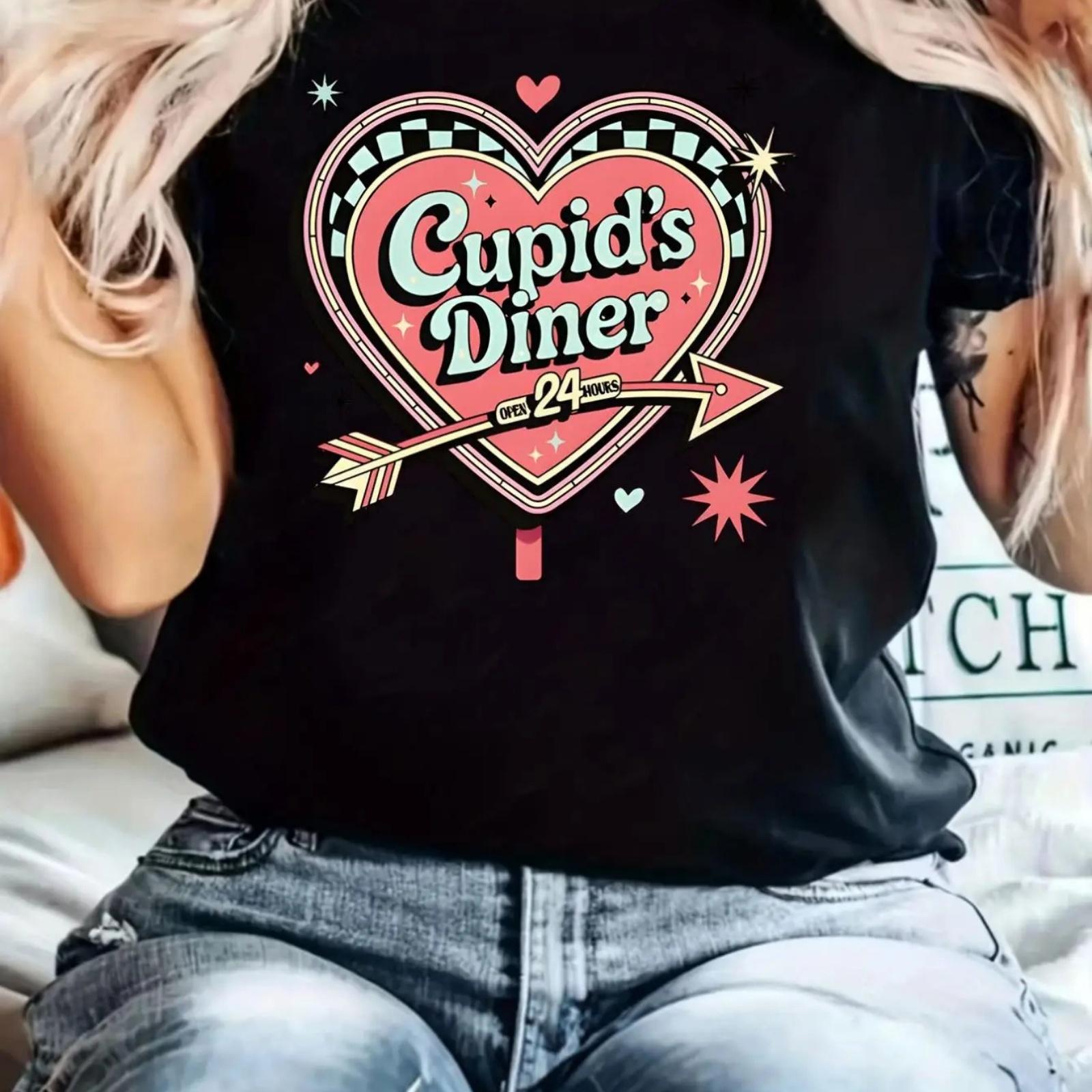 

Women s Casual Crew Neck T-Shirt with Cupid s Diner Graphic Prin, Short Sleeve, Regular Fit, All Seasons Summer Spring, Clothing XXXXXL чорний