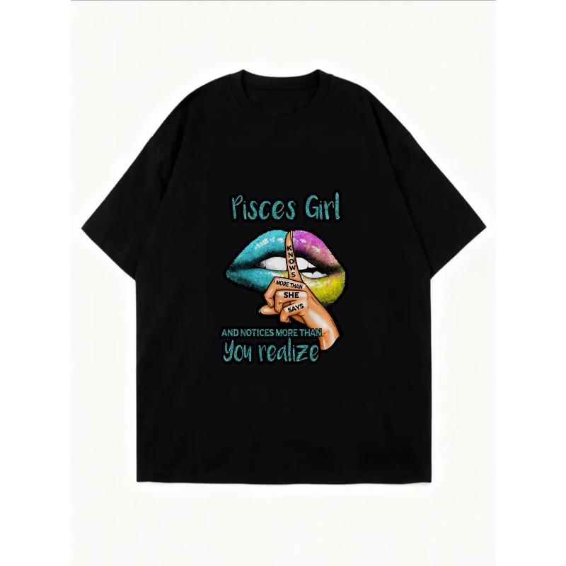 White T Shirt With Pisces Girl Rainbow Lips And Text Design For Casual Wear