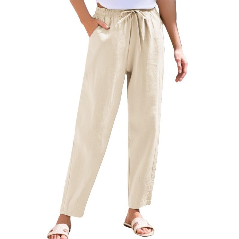 

Foreign trade new women s clothing summer pants casual loose drawstring solid color elastic waist cotton and linen women s nine-point pants XXL