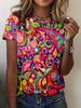 2026 New Summer Women's Retro National Print Ladies T-shirt Round Neck Short Sleeve Street Casual Daily Basic Tops