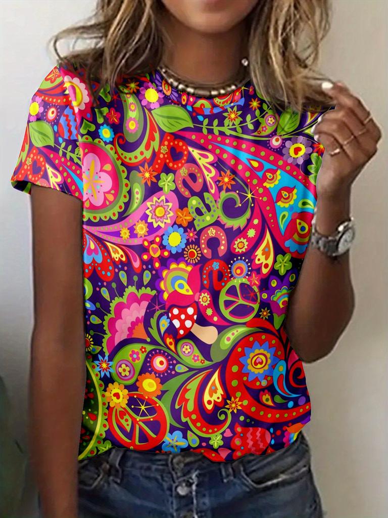2026 New Summer Women's Retro National Print Ladies T-shirt Round Neck Short Sleeve Street Casual Daily Basic Tops