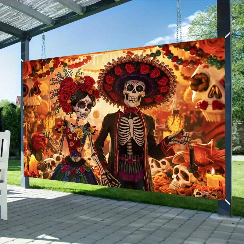 1 piece, Death's Day flag, vivid sugar skull and floral wall decoration, seasonal home decoration, 3D holiday photo background