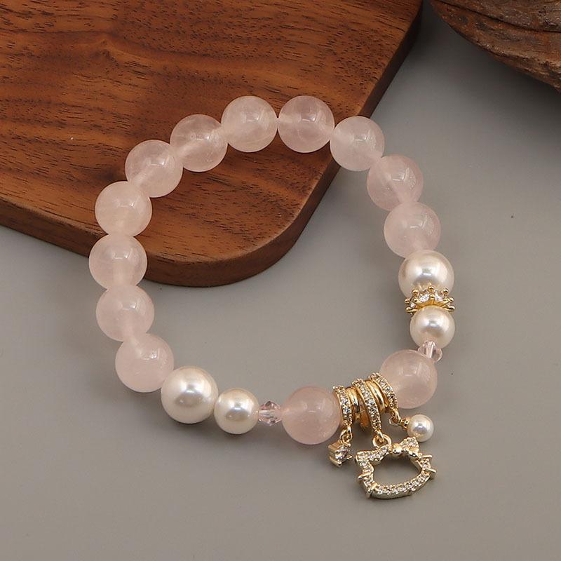 Natural pink crystal Shijia pearl pink love kt cat cross bamboo joint elastic stacked bracelet bracelet