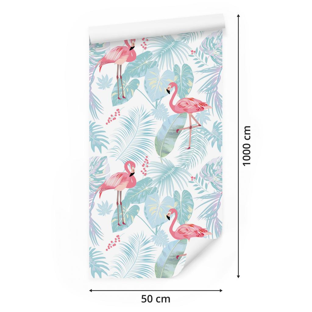Flamingos and exotic leaves wallpaper in pastel 50x1000