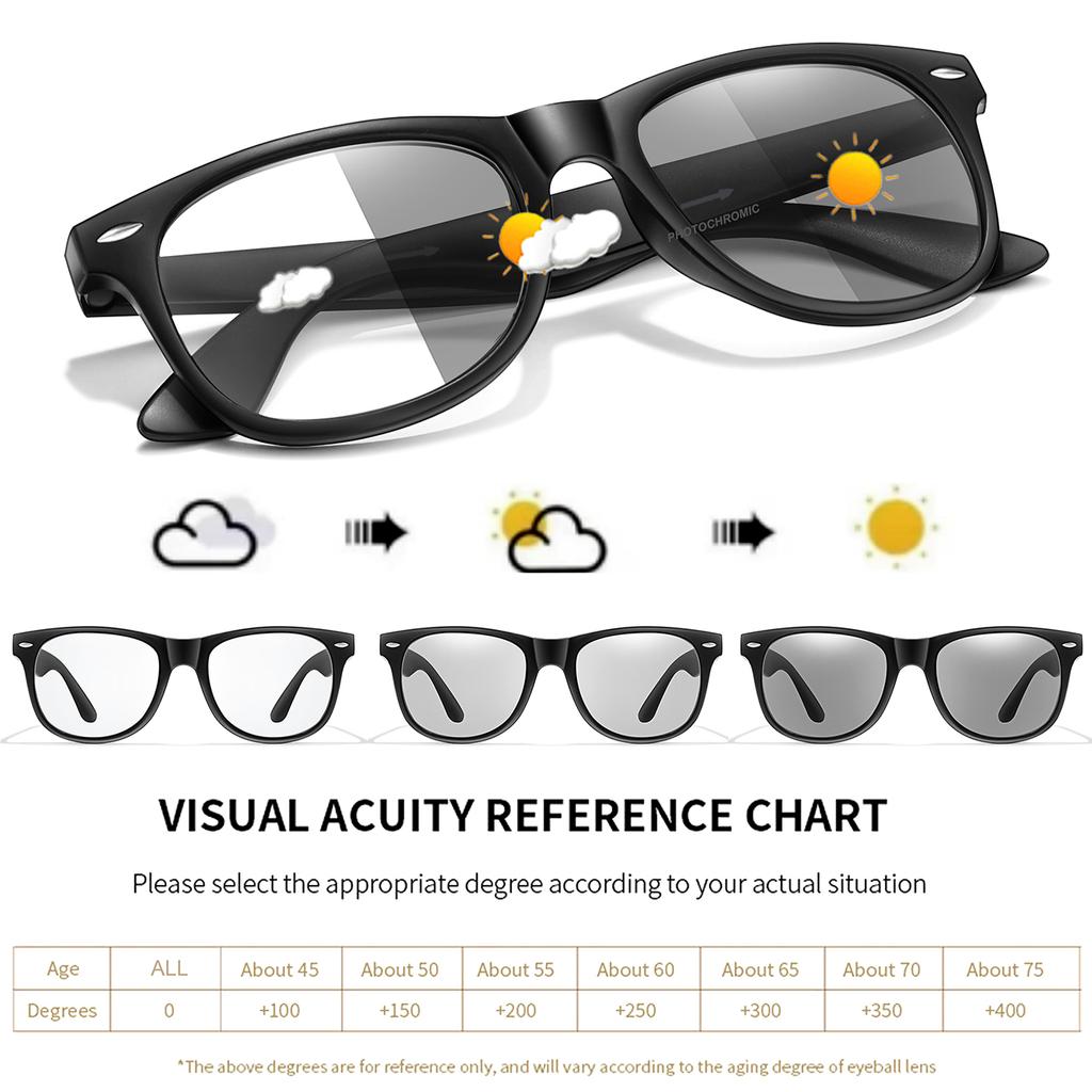 Classic Photochromic Reading Glasses Square Frame Anti Blue Light for Men Presbyopic Eyewear +150 +200