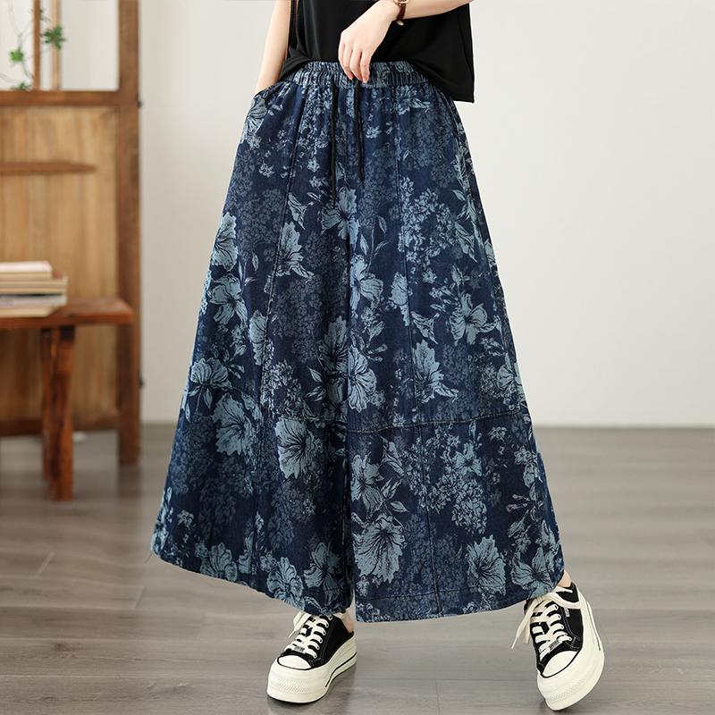 

DIMANAF 2026 Summer New Plus Size Women Jeans Print Floral Elastic Waist Long Pants Loose Casual Denim Blue Cotton Trousers Pants 2XL синій
