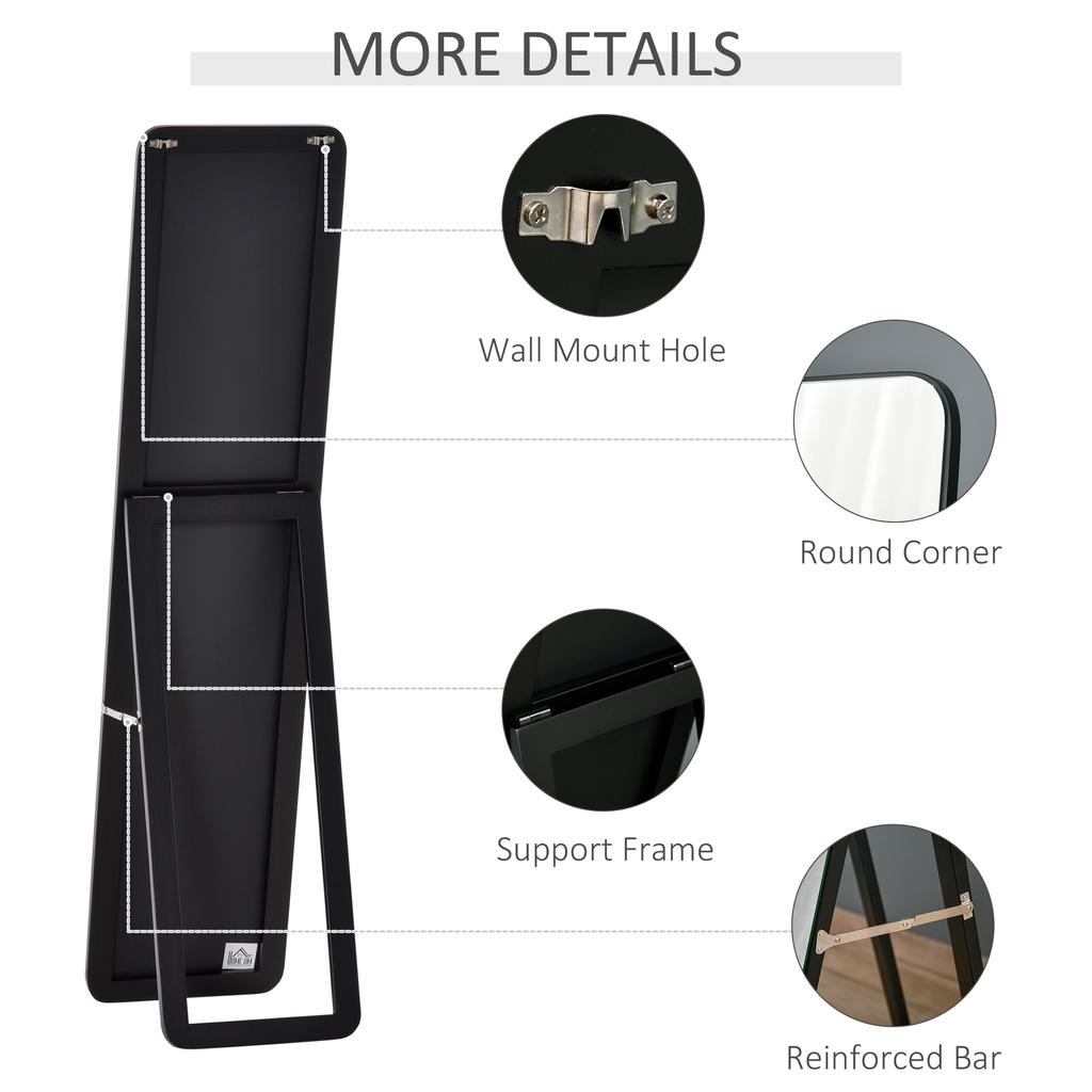 Full Length Mirror, 156 X 37 Cm Rectangular Full Body Mirror with Stand, Floor Standing, Hanging or Leaning Against Wall for Bedroom Cloakroom, Black