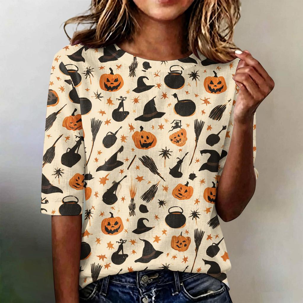 Women Casual Loose Fit Short Sleeve T Shirt Round Neck Lightweight Halloween Pumpkin Web Pattern Top