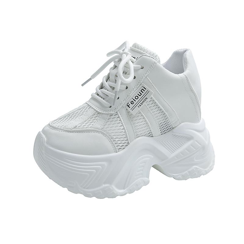 Fashion 7.5CM Women Platform Sneakers Lace-up Autumn Sports Dad Shoes High Top Chunky Casual Shoes Woman Thick Bottom Mesh White Shoes