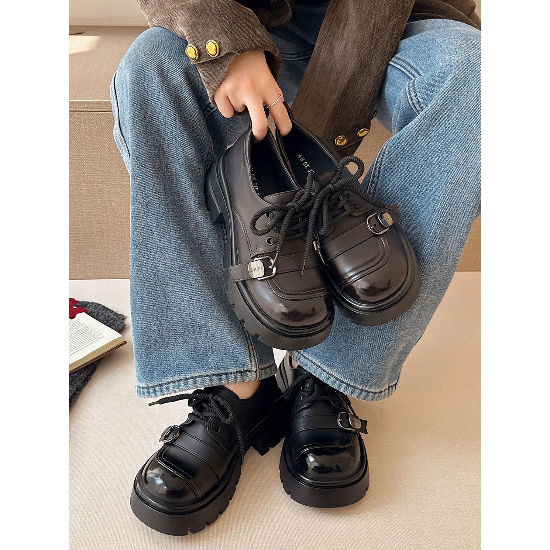 Wang Fan retro black British style platform small leather shoes 2026 new spring and autumn with skirt loafers 35