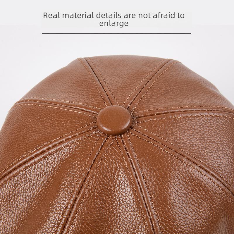 Trendy Korean-Style Cowhide Leather Octagonal Beret for Men - Autumn/Winter