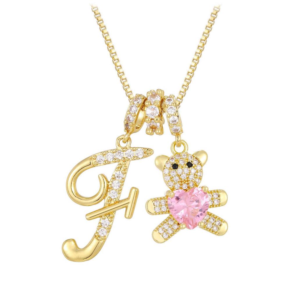Luxurious Teddy Bear Pendant Necklace with Diamond Inlaid 26 English Letters Charm - European and American Fashion Style