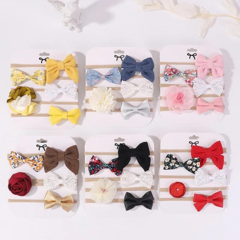 5Pcs Baby Bows Lace Flower Headband Print Nylon Cotton Hair Bands for Girls Children Newborn Toddler Soft Hair Accessories