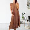 Summer Women Dress Pleated Sleeveless Round Neck Loose Solid Color Breathable Soft