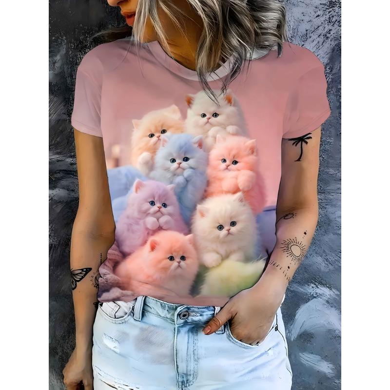 

Cute And Soft, This T-Shirt Features a Print of Fluffy Kittens in Macaron Colors, Perfect for a Vibe with Its Pink Short Sleeves S
