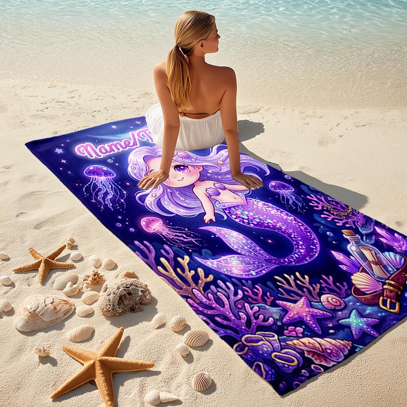 1PC Custom Name Mermaid Fantasy Underwater Scene Beach Towel Highly Absorbent And Sand-Resistant Towel for Swimming, Pool, Yoga, And Travel Lightweigh