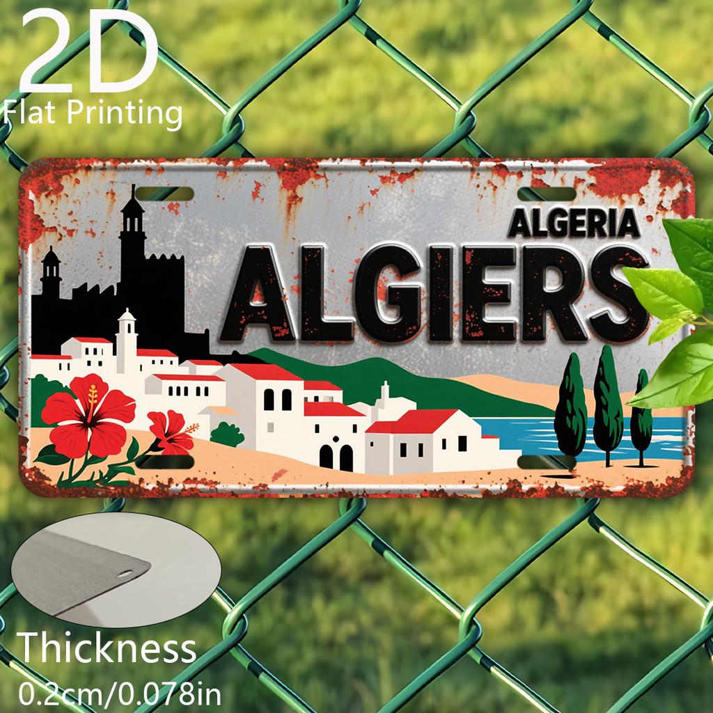 2D Flat, 1pc Vintage Algerian City Sign - Retro Travel Poster style with Algiers Landmarks (Casbah, Harbor, Mountains)