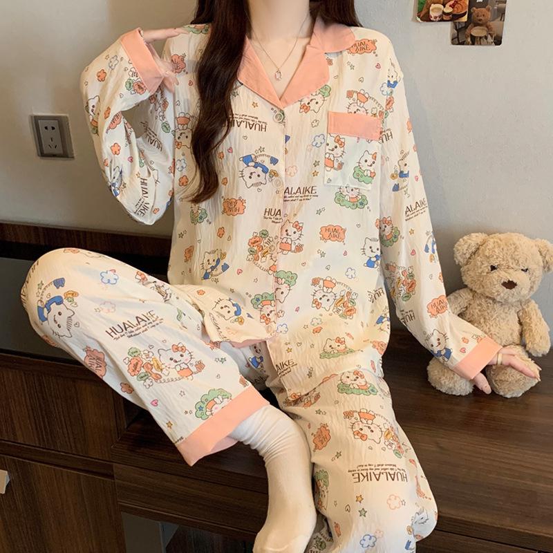 Cloud Cotton Korean Style Striped Plaid Pajama Set: Long Sleeve Cardigan & Pants for Indoor/Outdoor Wear, Real Shot.