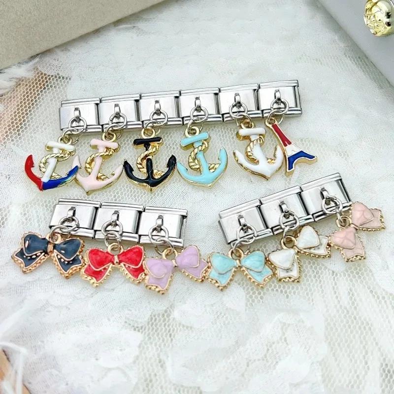 NEW Popular Bow Anchor Pendant Elastic Charm Italian Links Fit 9mm Modular Bracelet Making DIY Jewelry Bulk