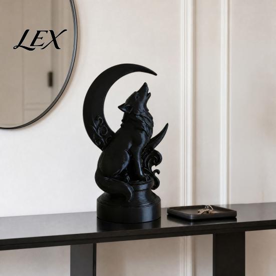 Figurina di Lupo Nero Opaco Scultura Ululante Stampata in 3D con Base a Luna Crescente, Finitura in PLA ad Alta Densità Arte da Collezione, Statua Gotica per Libreria