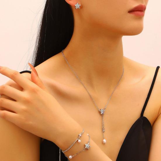 Earrings Necklace Star Shape Ear Studs with Imitation Pearl Detail Adjustable Chain Bracelet Dating Gatherings Jewelry Gift