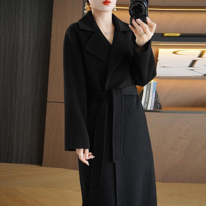 Dámský kabát ze 100% vlny MODERNÍ NOVINKA SAGA Podzimní vlněný dlouhý kabát Ručně vyrobený hráškový kabát Zimní teplá vlněná dlouhá bunda