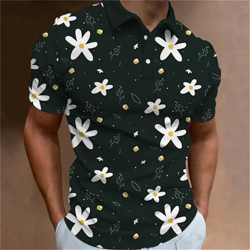 Fashionable men's polo shirt 3D printed flower pattern button lapel short sleeved top