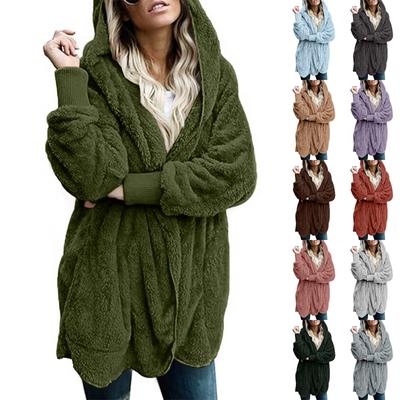 Women's Fashion Loose Hooded Jacket Plush Long Sleeve Cardigan Solid Color Coat