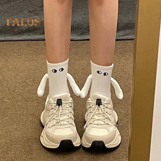 1 Pair Cartoon Magnet Hand-linking Socks Knitted Color Matching Christmas Style Elastic Anti-slip Warm No Odor Festive New Year Mid-tube Socks