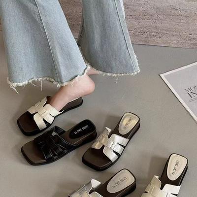 One-character Cool Slippers Women's Flat Bottom Drag Summer Fashion Solid Color Soft Leather Square Head Open-toed Casual Women's Slope and Cool Sl