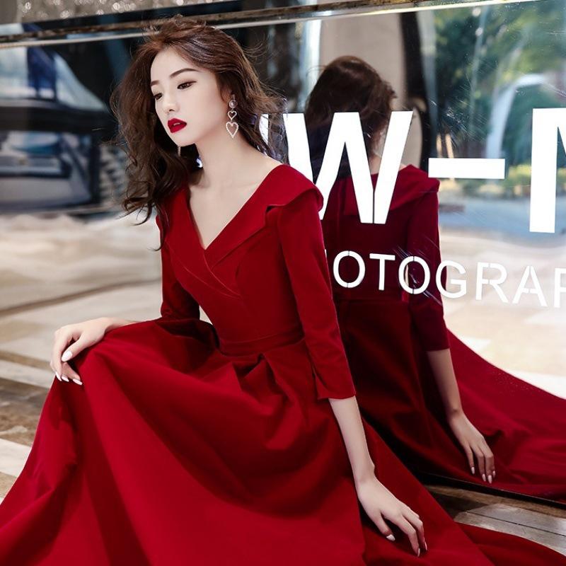 Autumn Red Wedding & Engagement Dress: Elegant Toast Dress for Brides