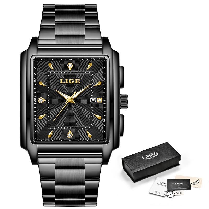 LIGE Luxury Man Wristwatch Waterproof Luminous Date Stainless Men's Watches Sports Square Men Watch Casual Quartz Male Clocks