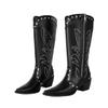 Krazing Po Microfiber Winter Pointed Toe Western Boots Size 43 Metal Rivets Embroidery Thick Heels Mid-calf Boots