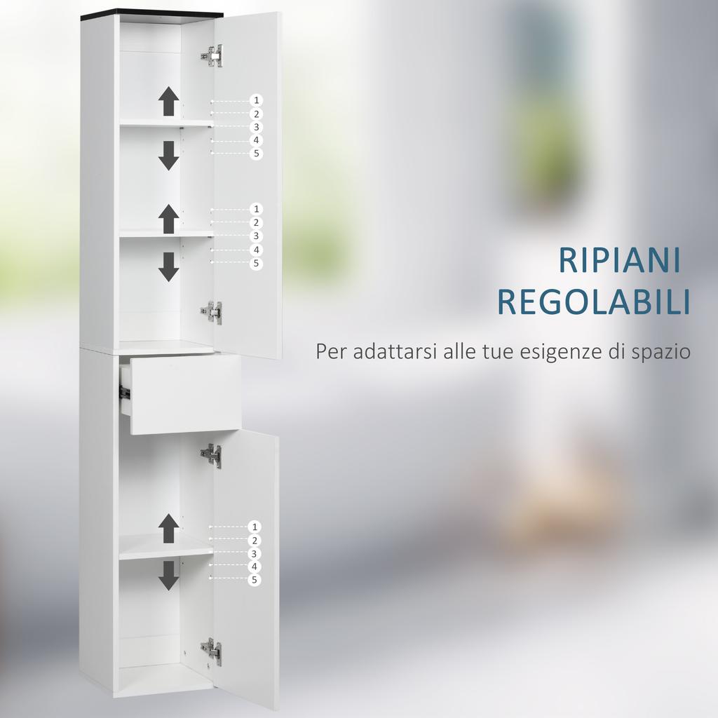 Bathroom Cabinet with Adjustable Shelf, 2 Closed Shelves and a Drawer in Wood, 30x28x180 cm, White