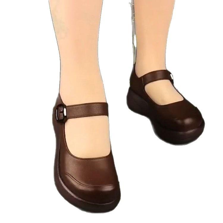 Soft leather thick-soled shallow-mouth single shoes, spring black small leather shoes, spring new soft-soled shoes