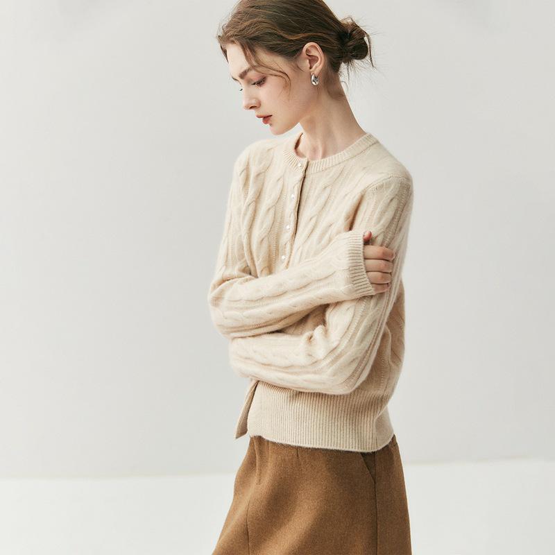 Dames 100% Kasjmier Kabelgebreid Vest - Ronde Hals, Parelknopen, Effen Kleur, Perfect voor Herfst en Winter