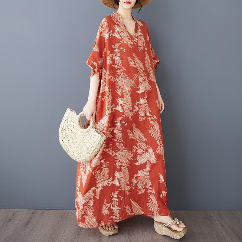 

DIMANAF 2025 Лето Женское Платье Большого Размера Повседневное Платье Пляжное Свободное Базовое Винтажный Принт Длинное Платье Макси One Size красный