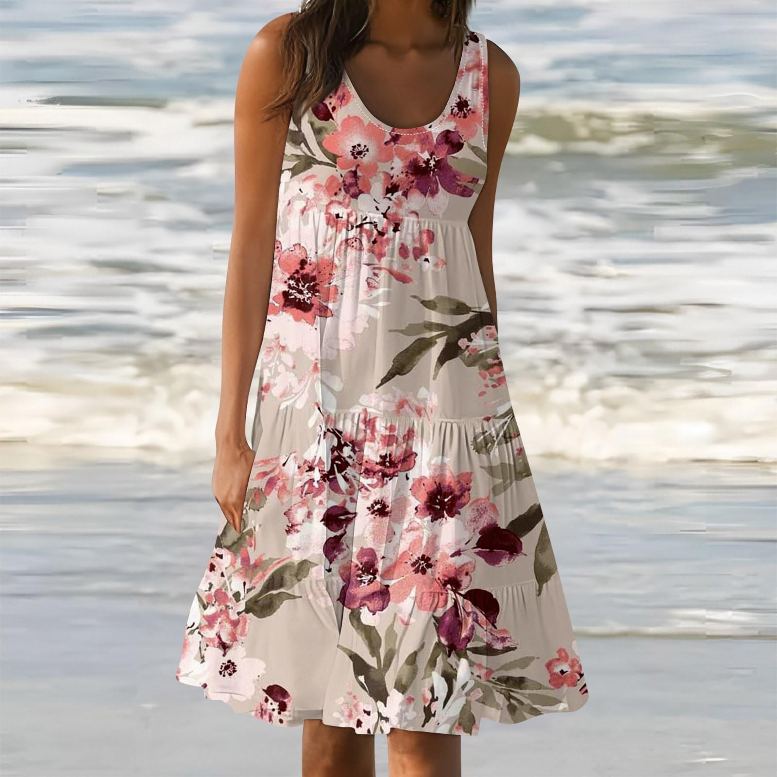 

Жіночі літні весняні плісировані богемні сукні Милі пляжні прямі футболки без рукавів Сукні-майки з круглим вирізом M рожевий