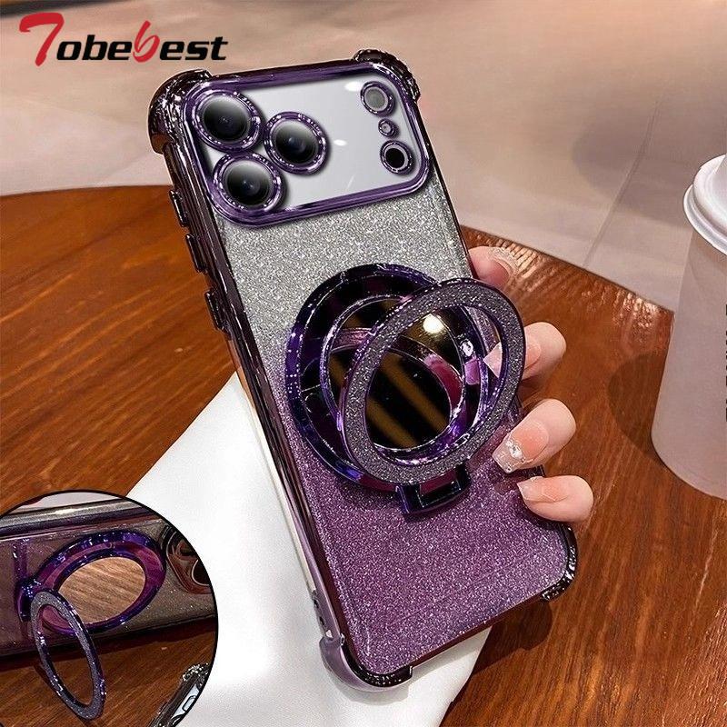 Glitter Shockproof Mirror Magnetic Bracket Case For iPhone 17 Air 16 16E 15 14 Plus 13 12 Mini 11 Pro XS Max XR Silicone Cover