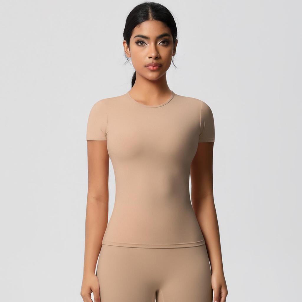 Gebürstetes Nude Slim-Fit Rundhals Yoga-Top - Kurzärmlig, Atmungsaktiv, Vielseitige Sportbekleidung