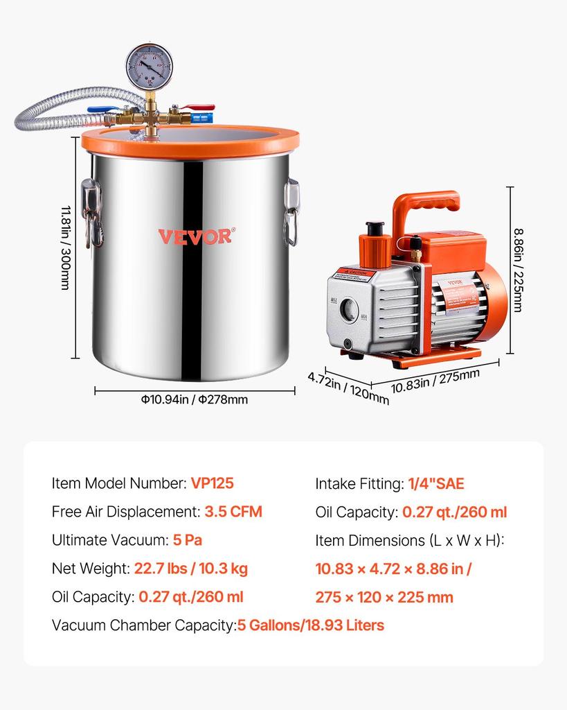 VEVOR 19 litros(5 Galones) Cámara de Vacío y 100 L/min(3.5 CFM) Kit de Bomba, Cámara de Acero Inoxidable, Kit de Cámara de Desgasificación con Bomba de Vacío de Una Etapa