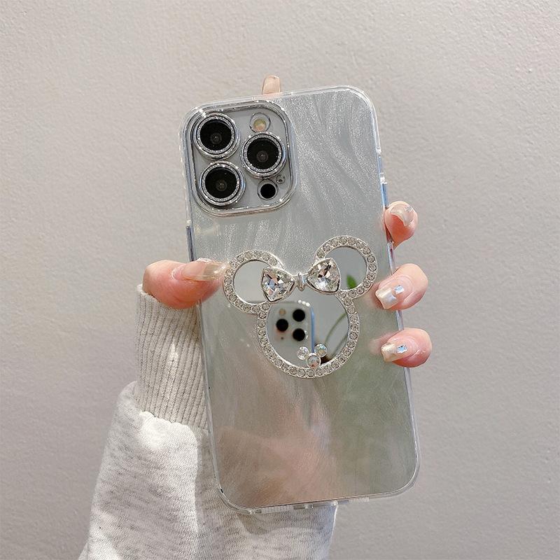 

Bow Rhinestone Mickey Mouse Mirror Mobile Phone Case For Apple 17 Fine Hole Iphone16 Premium Sense Portable Chain iPhone 11