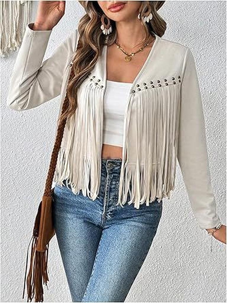 New Women's Faux Suede Fringe Trim Long Sleeve Open Front Cardigan Western Music Festival Outfit