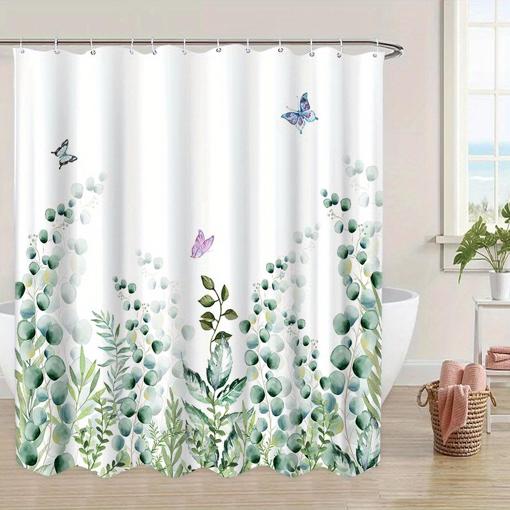 1Pc Green Leaf Butterfly Garden Shower Curtain - Polyester Fabric, Machine Washable, With Hook, Suitable For Bathroom Decoration