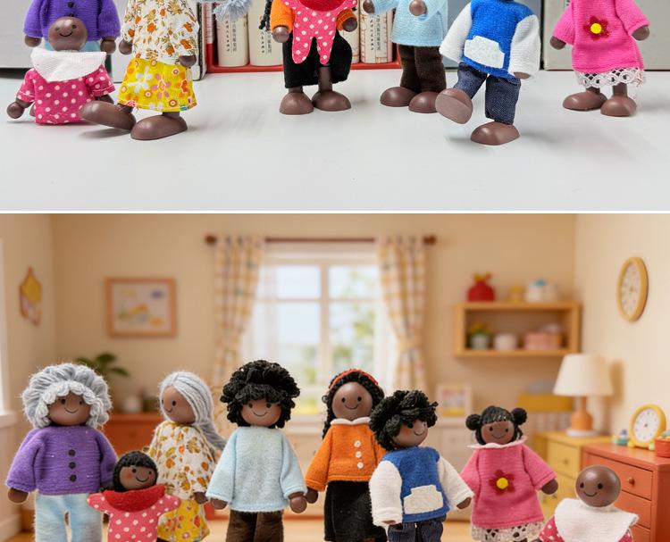 Realistic African American Family of 8: Movable Joint Wooden Dolls for Children's Pretend Play