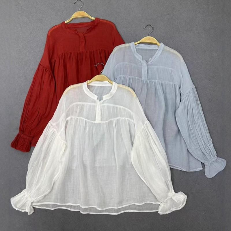 Johnature Spring Summer Forest Vintage Blouses Round Neck Stitching Light Sunscreen Irregular Shirts Women