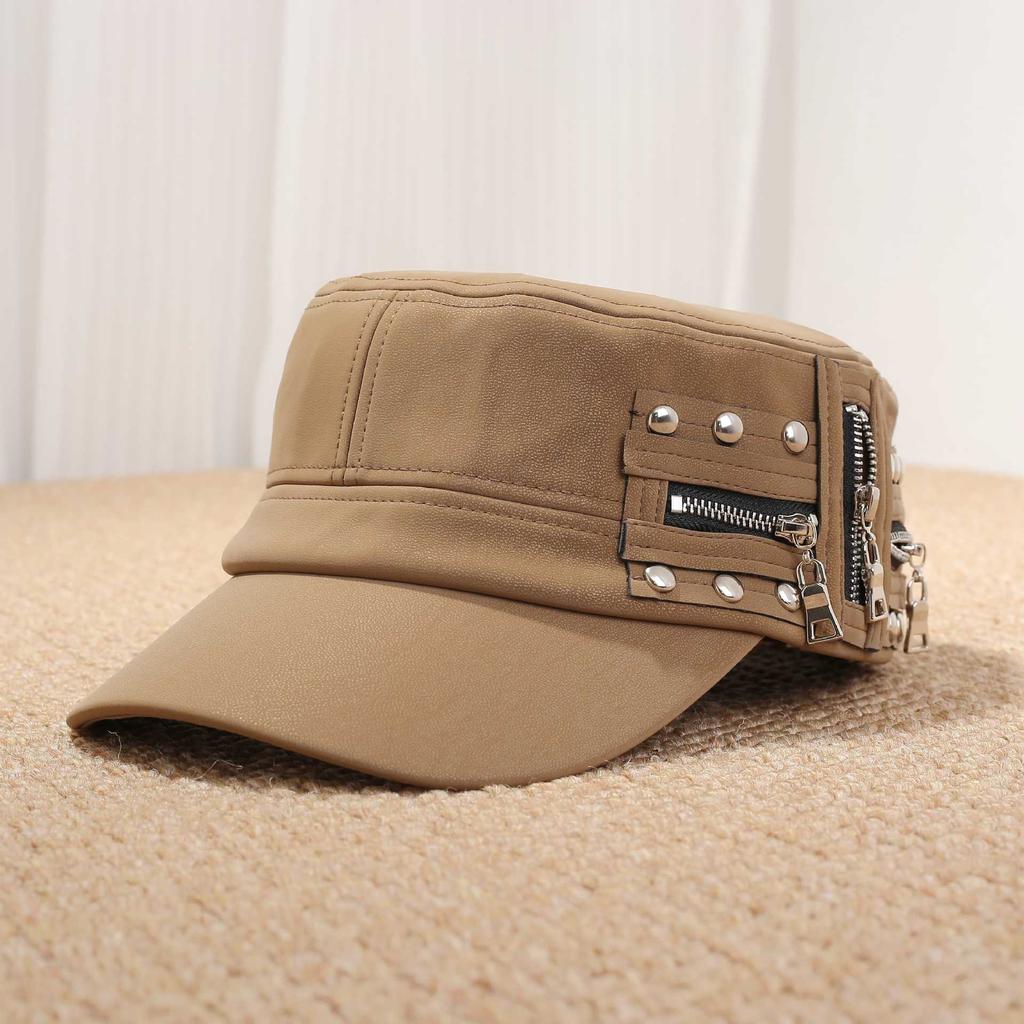 Personalized Rivet Zipper PU Leather Newsboy Hat Female, Retro Locomotive Style Octagonal Cap Autumn and Winter Tide Cool